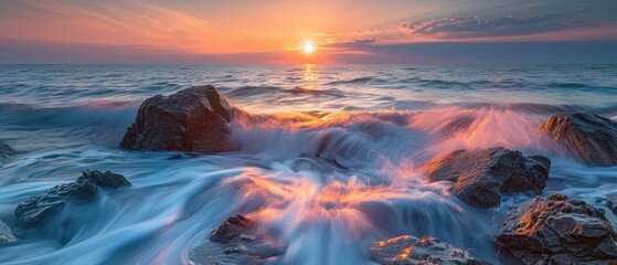 Poster - Serene Sunset Over Ocean Waves with Rocky Shore