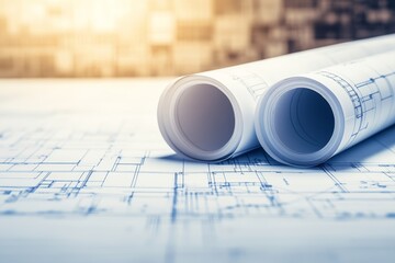 Poster - Rolled blueprints on a table with a blurred background.