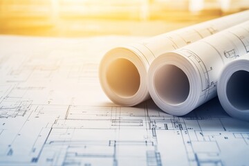 Poster - Rolled up blueprints on top of architectural drawings with a warm tone.