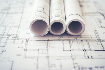 Poster - Rolled up blueprints on a construction plan.
