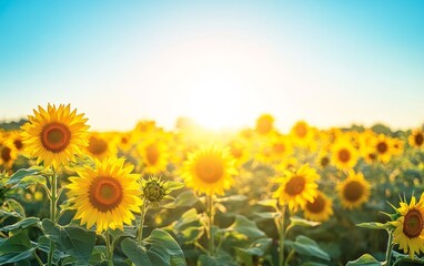 Wall Mural - close up of a sunflower field at sunset with a bright blue sky and a soft sun glare.