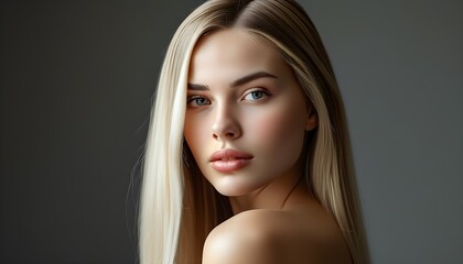 Wall Mural - Radiant portrait of young woman with long straight blonde hair showcasing hair care and beauty routine