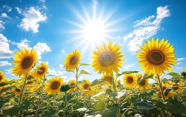 Wall Mural - sunbeams shine through a field of bright yellow sunflowers against a blue sky with white clouds.