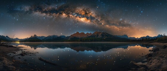 Wall Mural - Stunning Night Sky Over Serene Mountain Lake