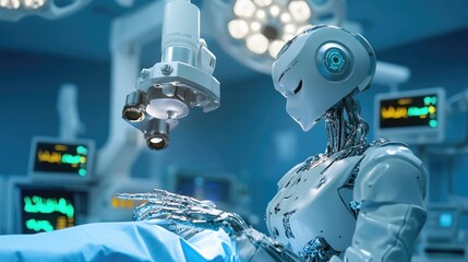 Wall Mural - AI robot performing precise medical tasks with guidance from a physician in a cutting-edge surgical environment