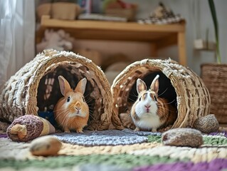 Two rabbits are sitting in two different rabbit huts