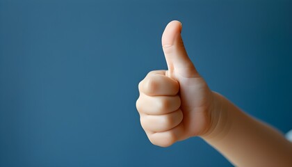 Childs Hand Giving Thumbs Up Sign on Blue Background Symbolizing Positivity and Approval