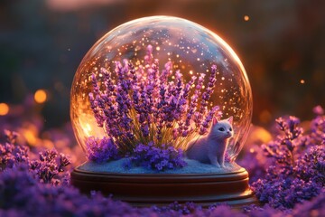Wall Mural - a cat is sitting in a glass bowl with purple flowers