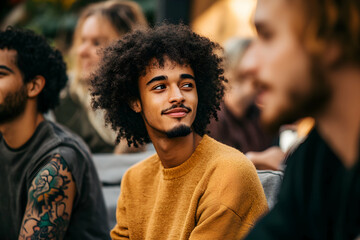 A young man with an afro smiles at the camera in a close-up portrait.