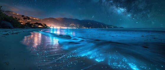 Wall Mural - Enchanting Night Beach with Bioluminescent Waves