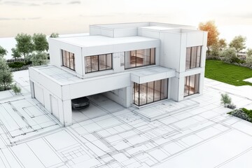 Aufkleber - Modern house sketch with a car in the garage, shown on a blueprint with surrounding greenery.