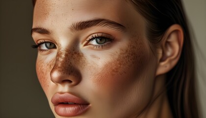 Canvas Print - Striking Close-Up of Freckled Model Showcasing Flawless Makeup in Natural Light for Fashion Editorial