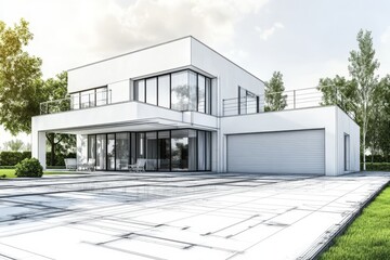 Aufkleber - Modern house exterior with a patio and lawn, drawn in sketch style.