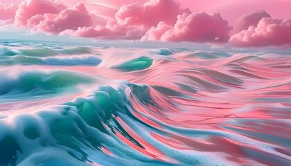 Poster - Vibrant undulating seascape under frothy pink-tinted clouds