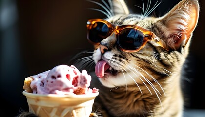 Wall Mural - Charming cat indulging in ice cream while wearing sunglasses alongside an adorable kitten enjoying a sundae