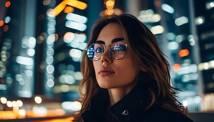 Wall Mural - Girl with glasses enjoying the evening city skyline featuring modern high-rise buildings