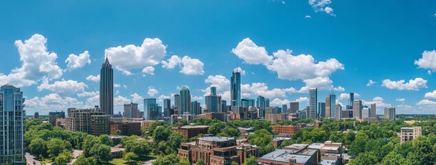 A panoramic view of a modern city skyline with skyscrapers, lush green trees, and fluffy white clouds against a vibrant blue sky.