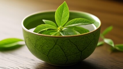 Wall Mural -  Freshness in a cup  A single leafy sprout in a green ceramic cup