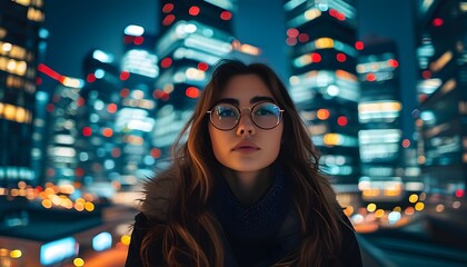 Wall Mural - Girl with glasses enjoying the evening city skyline featuring modern high-rise buildings