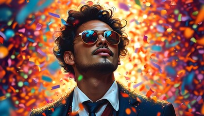 Wall Mural - Dapper man in suit and sunglasses radiating confidence amidst a vibrant background of colorful shapes and confetti, embodying style and festive celebration