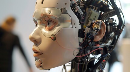Poster - Close-up shot of a robotic head with realistic features and a mechanical inner workings