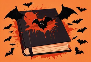 A spooky black book with a bat design, splattered in red, set against an orange background, creating a chilling Halloween vibe.