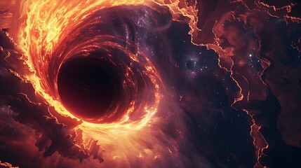 Wall Mural - black hole surrounded by fiery red and orange nebulae, showcasing the beauty and power of the cosmos