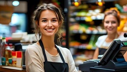 Sticker - Joyful cashier radiating positivity and confidence at work, showcasing pride in small business with a welcoming smile at the cash register and service counter