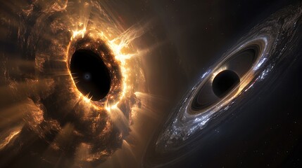 Wall Mural - black hole in space surrounded by a glowing accretion disk and a spiral galaxy in the background.
