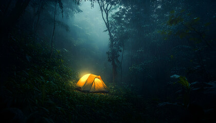 A single illuminated tent nestled in a dark, misty forest.