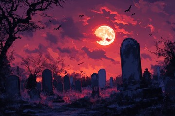 A graveyard with a large moon and bats flying in the sky