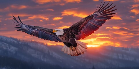 Wall Mural - Majestic bald eagle soaring above a mountain range at sunset with orange and purple skies