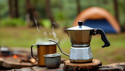 Campsite coffee maker: close-up of outdoor cooking equipment for nature enthusiasts