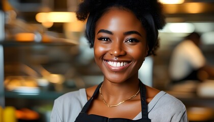 Wall Mural - Confident African American Woman Smiling in Kitchen Setting, Portraying Leadership and Excellence in Restaurant Customer Service