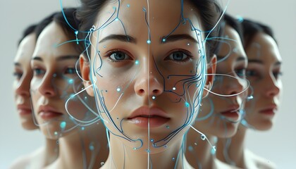 Wall Mural - Abstract Digital Portrait of a Woman with Plexus Design, Symbolizing Connection Points in Science, Mental Health, and Artificial Intelligence