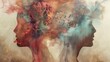 © improvee design - Two people whose profiles are depicted in a silhouette, are seen with swirling colors that look like brains filling their minds. The image is a concept of thinking and introspection.