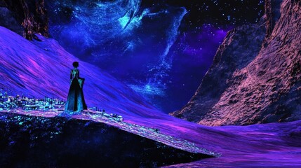 Canvas Print - Woman in Black Dress on Alien Planet with Blue Nebula and Purple Landscape