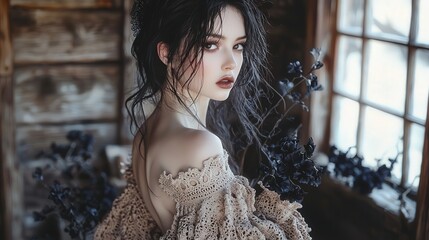 Sticker - Beautiful Woman with Dark Hair and Flowers in a Rustic Setting