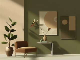 Aufkleber - Minimalist interior design inspiration moodboard with green, brown color palette. Simple arrangement of materials and textures in harmony with nature. Digital illustration of creative space concept.