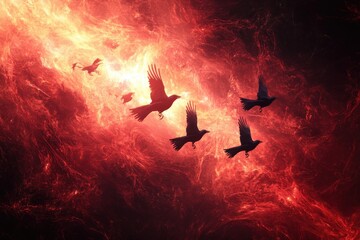 Wall Mural - A group of four birds flying through a red and orange sky