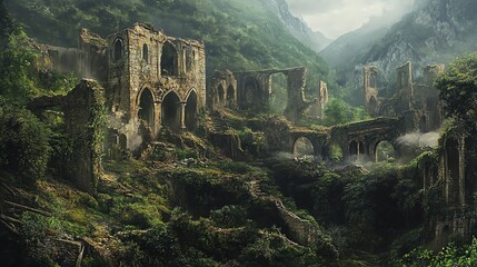 Ancient ruins surrounded by lush greenery.