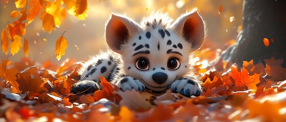 Wall Mural - Cute spotted baby hyena laying in autumn leaves.