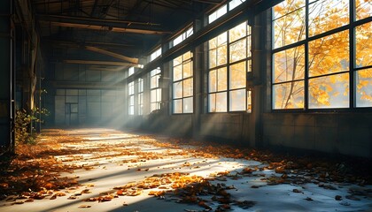 Canvas Print - Autumn light streaming through large windows in an empty workshop, vibrant leaves enhancing the serene rustic ambiance