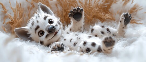 A cute baby hyena lying on its back in a fluffy nest.