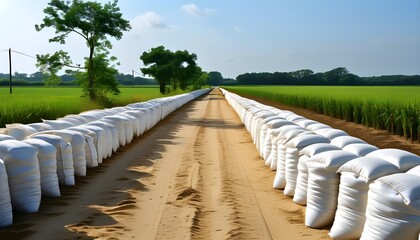 Wall Mural - Neatly arranged white bags of grain along a sandy path, showcasing an orderly and industrious agricultural landscape