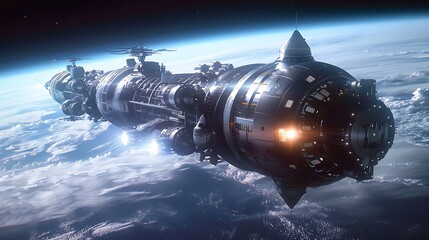 Wall Mural - futuristic spaceship orbits earth, showcasing a stunning view of our planet and the vastness of spac