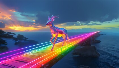 Wall Mural - Radiant creature racing over a luminous rainbow bridge connecting the sea with the celestial realm