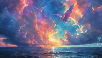 Wall Mural - Angelic realm over the sea with neon rainbow skies and luminous animals frolicking among the clouds