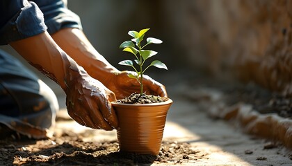 Nurturing new life: planting a sapling in a terracotta pot under warm sunlight