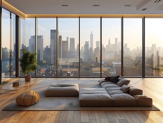 Canvas Print - Minimalist modern living room with a large glass window overlooking a city skyline featuring neutral tones sleek furniture and a potted plant in the corner